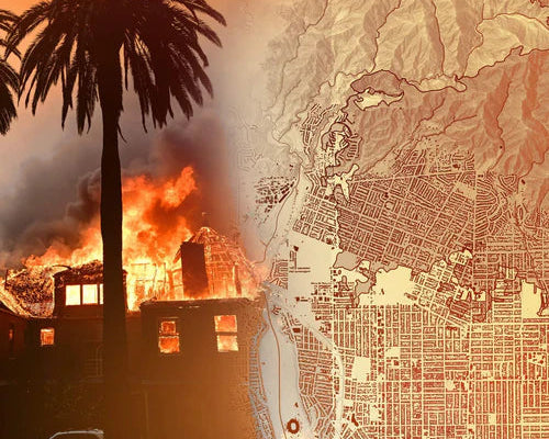 A charred landscape in Los Angeles showing the aftermath of devastating wildfires, with smoke rising into the sky and destruction highlighting the impact of climate change