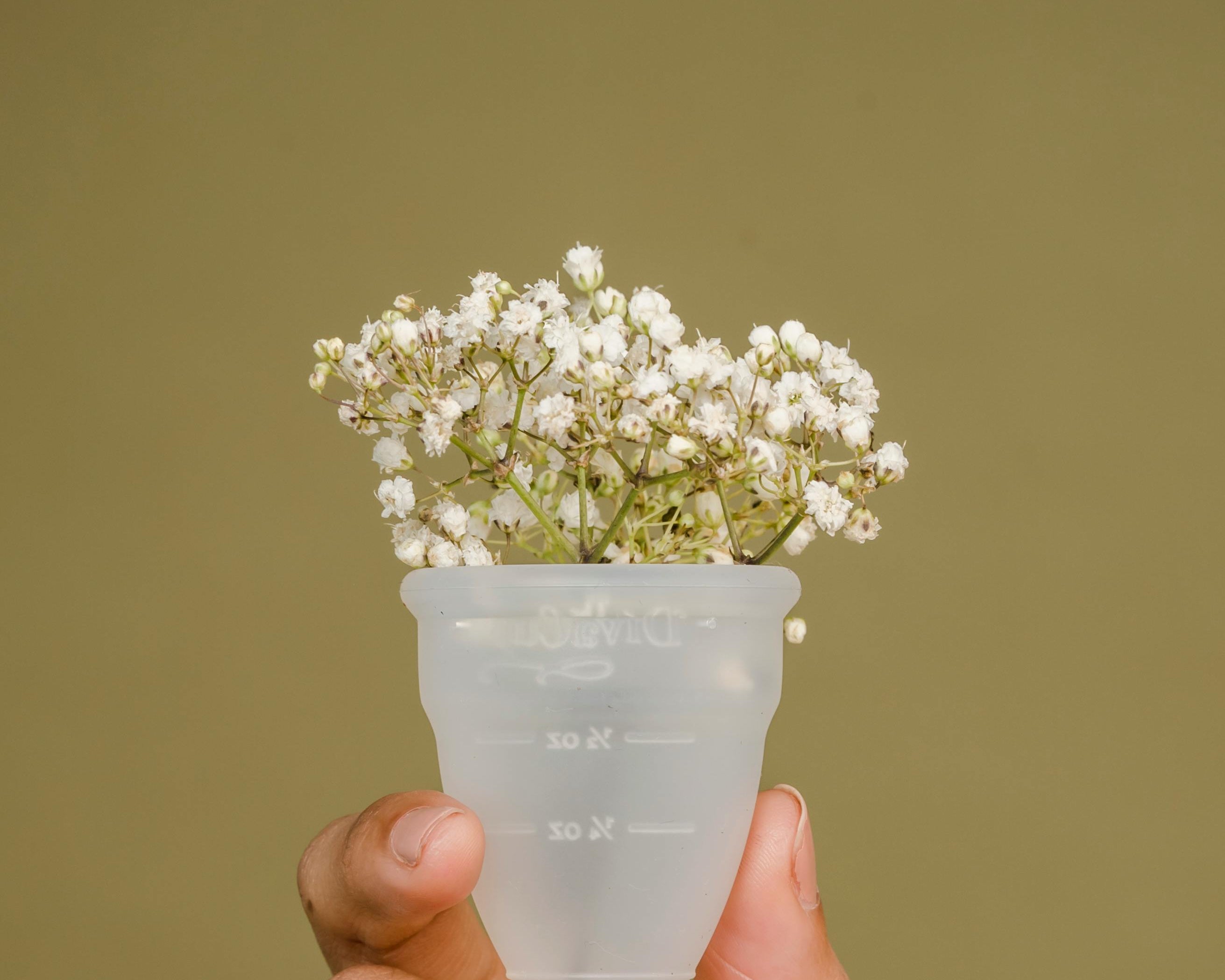 female hand holding eco menstrual cup with flowers and green backdrop