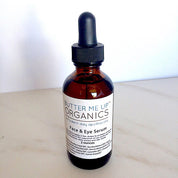 Anti-Aging Organic Facial Serum side top view with plain blurred benchtop backdrop
