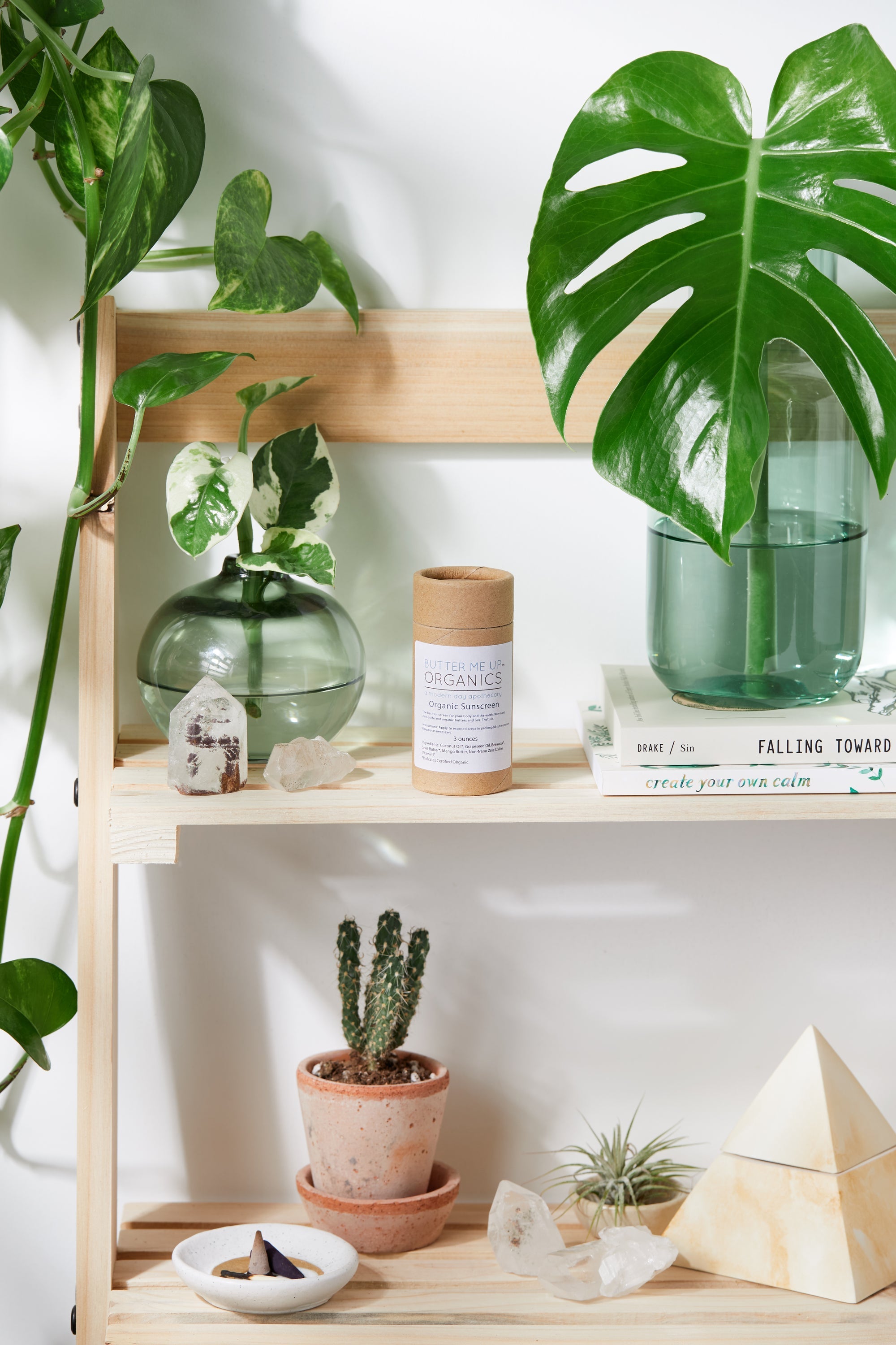 Natural Organic Sunscreen in balm packaging and form with plants and cactus in background for visual aesthetic zoomed out shot
