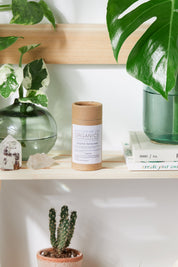 Natural Organic Sunscreen in balm packaging and form with plants, books and cactus in background for visual aesthetic zoomed out