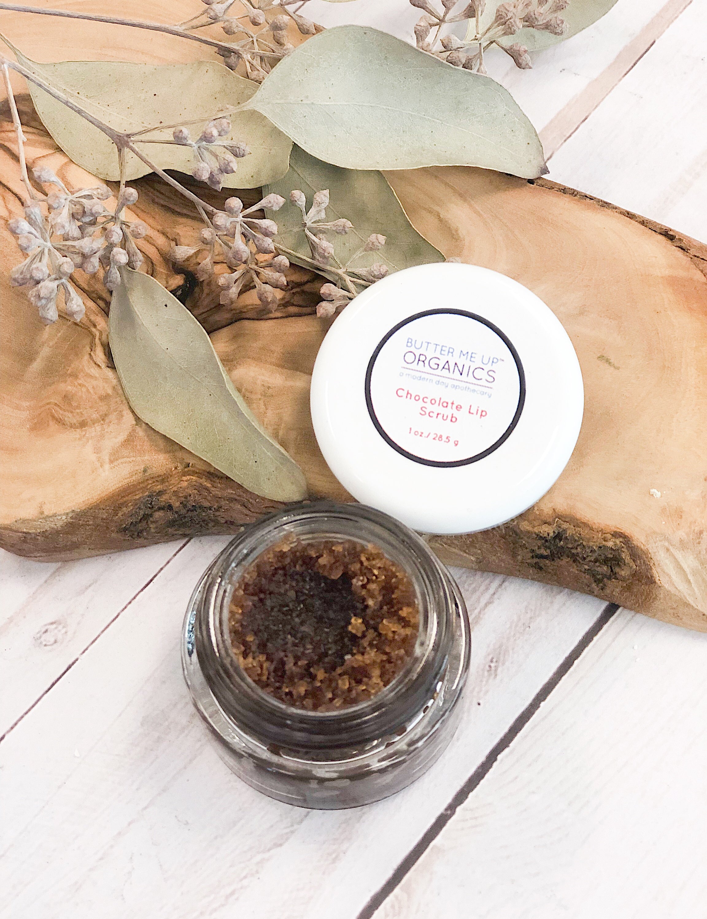 opened product image of the organic Chocolate Lip Scrub with aesthetic bark backdrop with sage green leaves