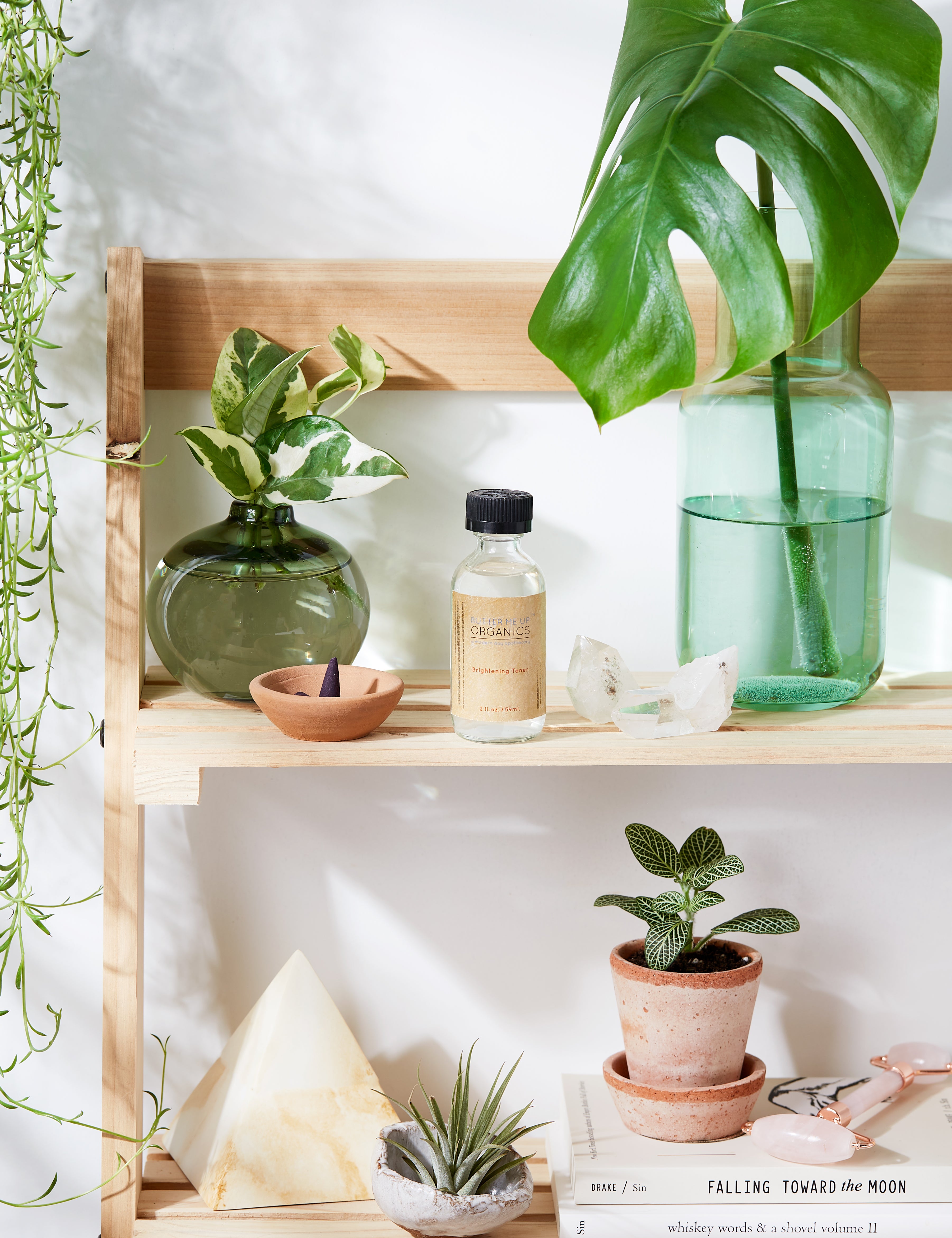 zoomed out Organic Brightening Toner in aesthetic backdrop with crystals, books, green plants on a wooden shelf