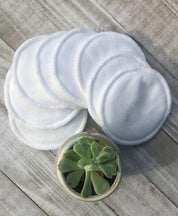 Reusable Bamboo Cotton Makeup Remover Pads birds eye view shot with pot plant at bottom for visual appeal