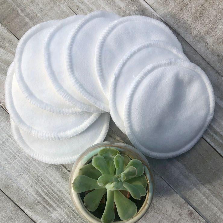 Reusable Bamboo Cotton Makeup Remover Pads birds eye view shot with pot plant at bottom for visual appeal