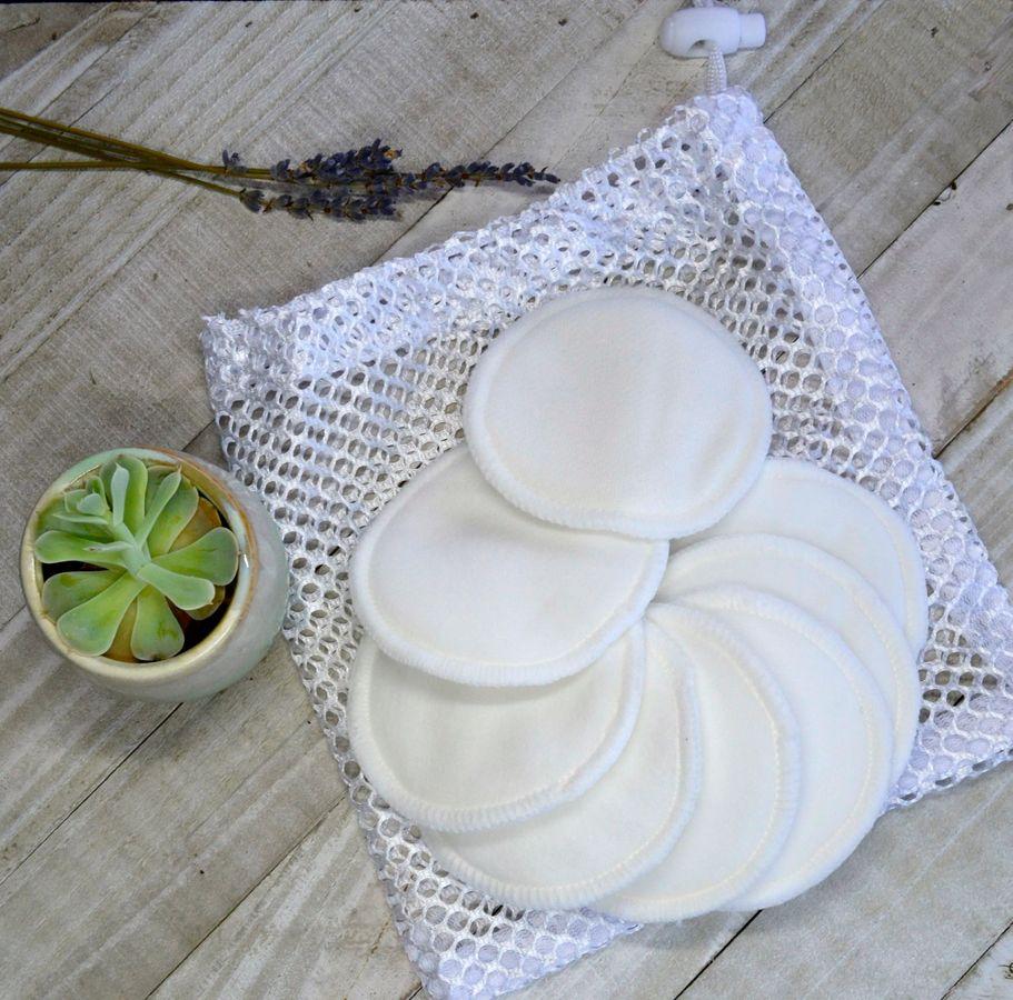 Reusable Bamboo Cotton Makeup Remover Pads – 5-Pack of pads on top of Laundry Bag in shot